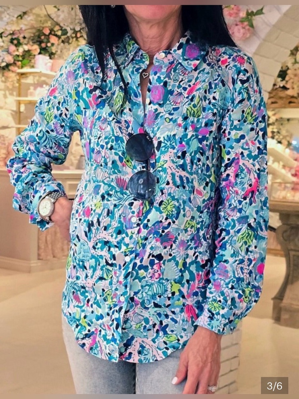 Lilly Pulitzer Multi-Color Floral Print Top in Aqua, Pink & Teal